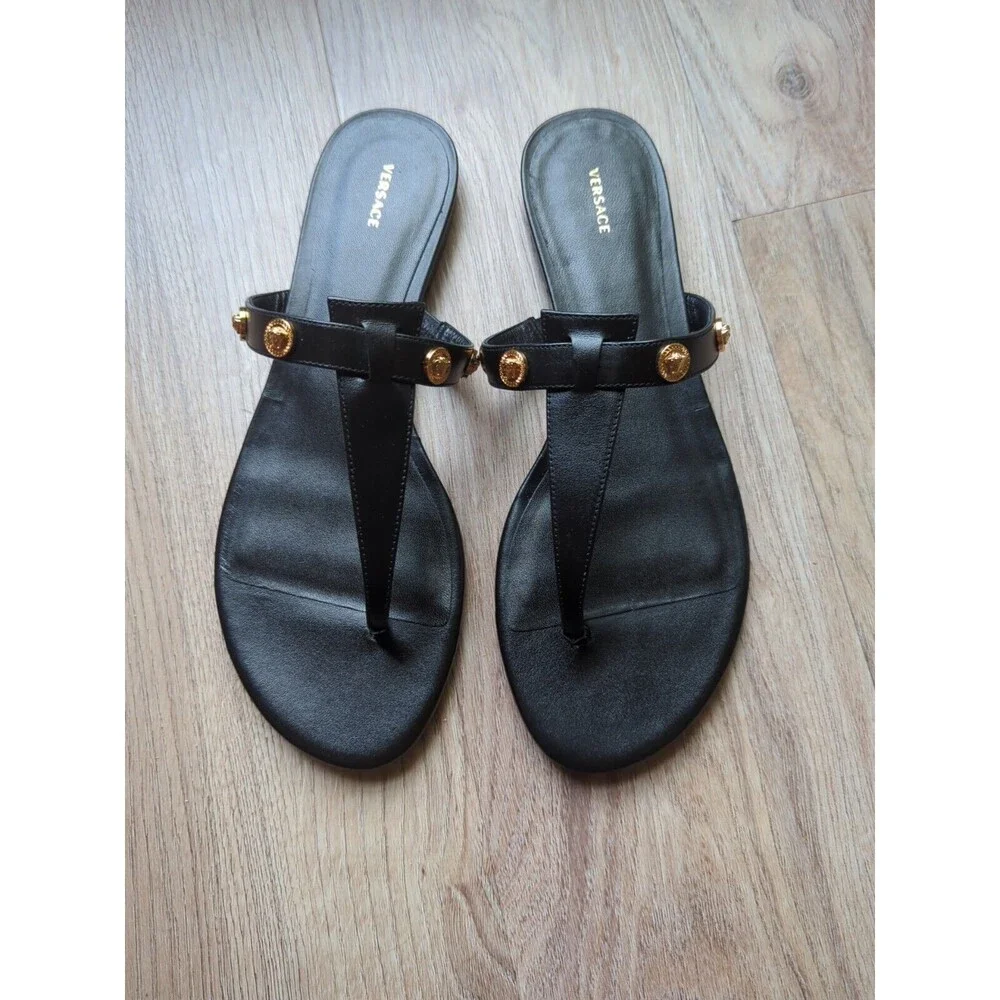 Versace Medusa Studs Flat Thong Sandals Black Leather Womens 10 EU 40 DST669CS - Picture 6 of 14